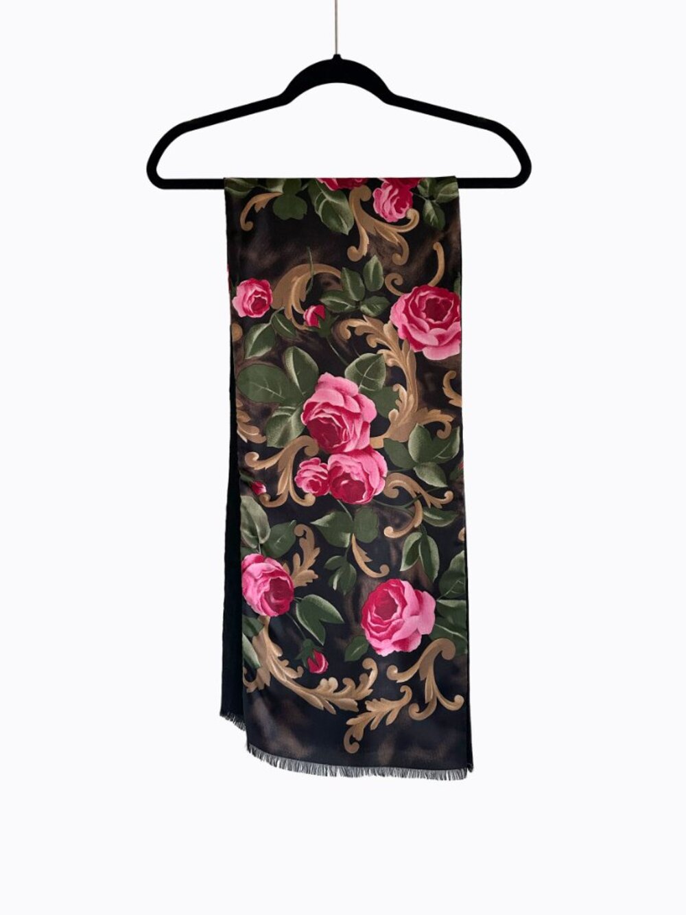 Vtg Black Floral Rose Silk Wool Scarf Baroque Oblong Fringe Whimsigoth Romantic - Picture 2 of 7
